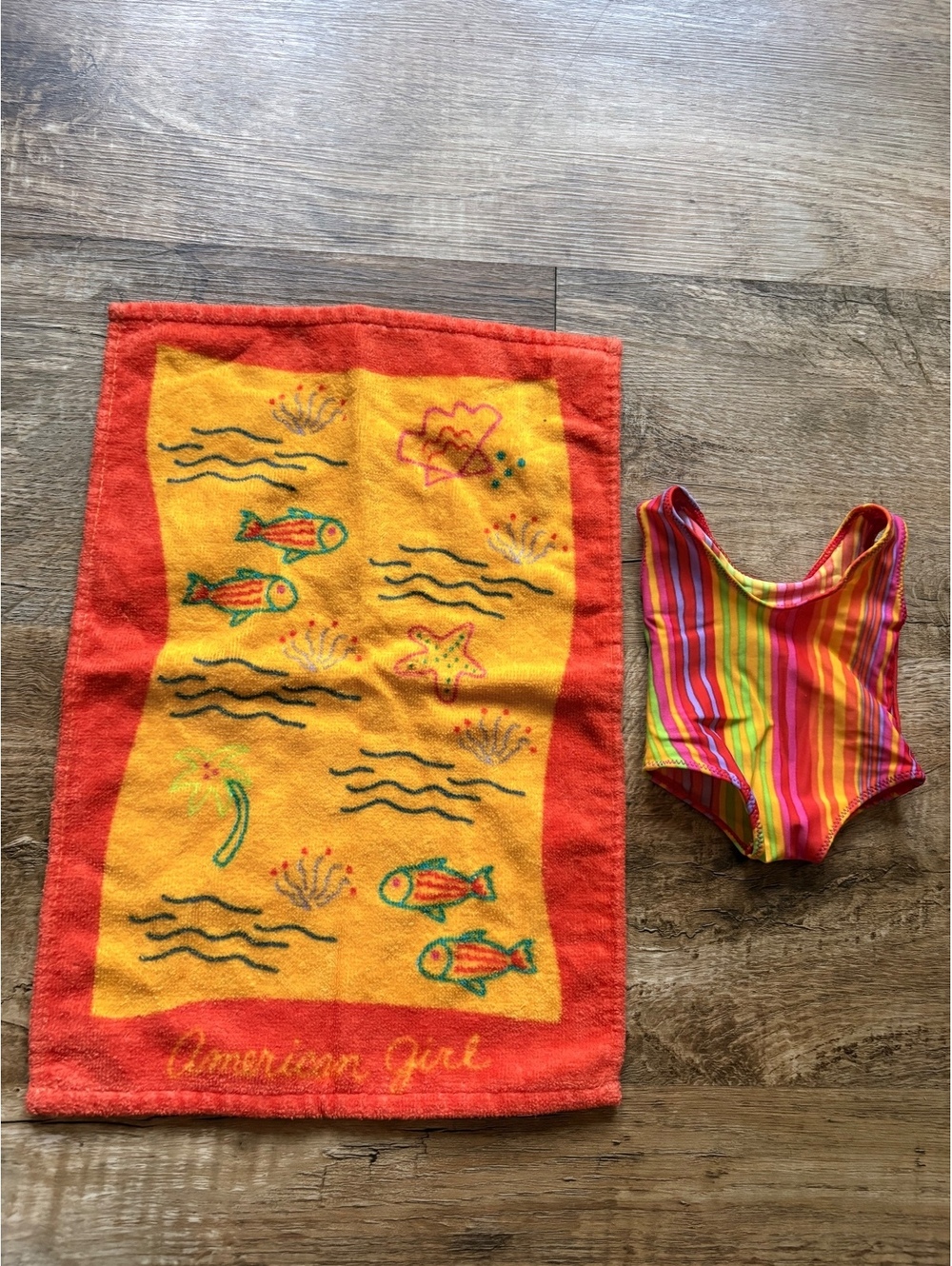 American Girl Doll Striped One-Piece Swimsuit with Colorful Towel